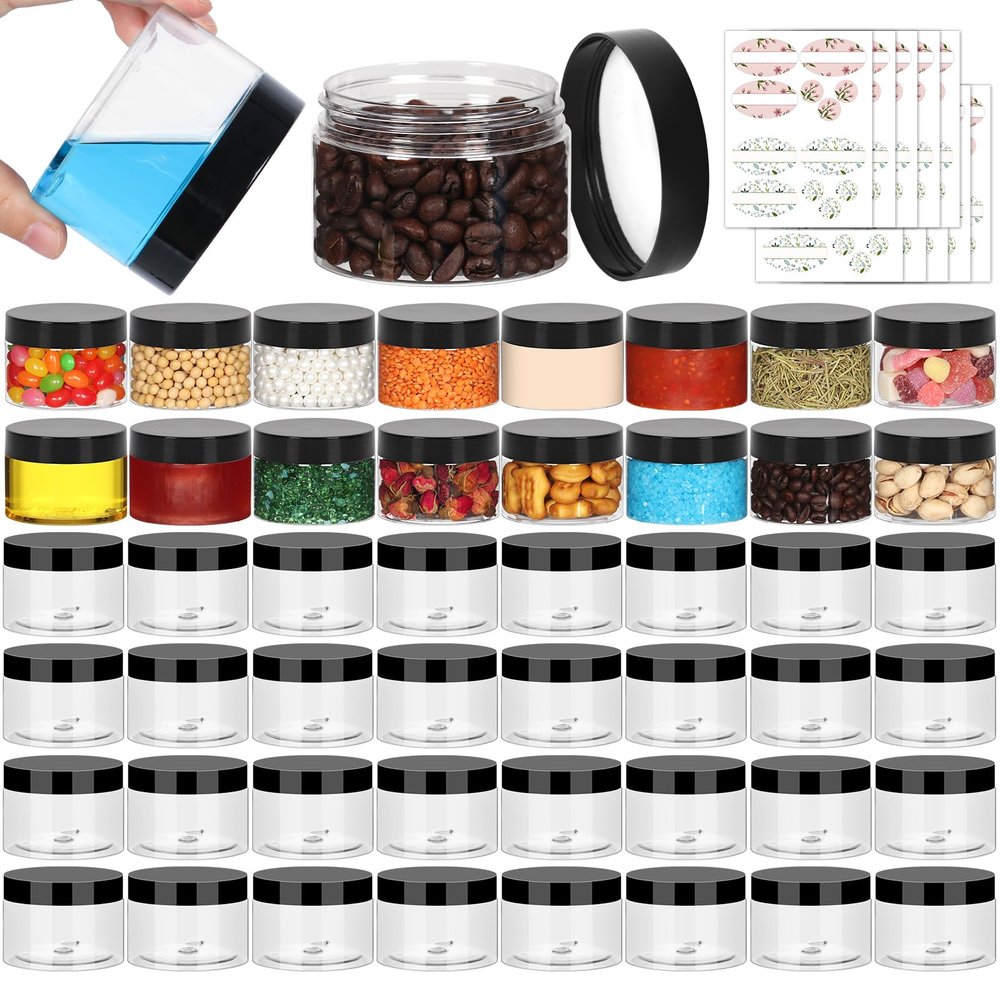 Jaisie.W Clear 4 oz Plastic Jars with Lids & Labels - Refillable Cosmetic Small Containers with Black Screw Lid/Slime Containers (4 fl.oz, 48Pack)