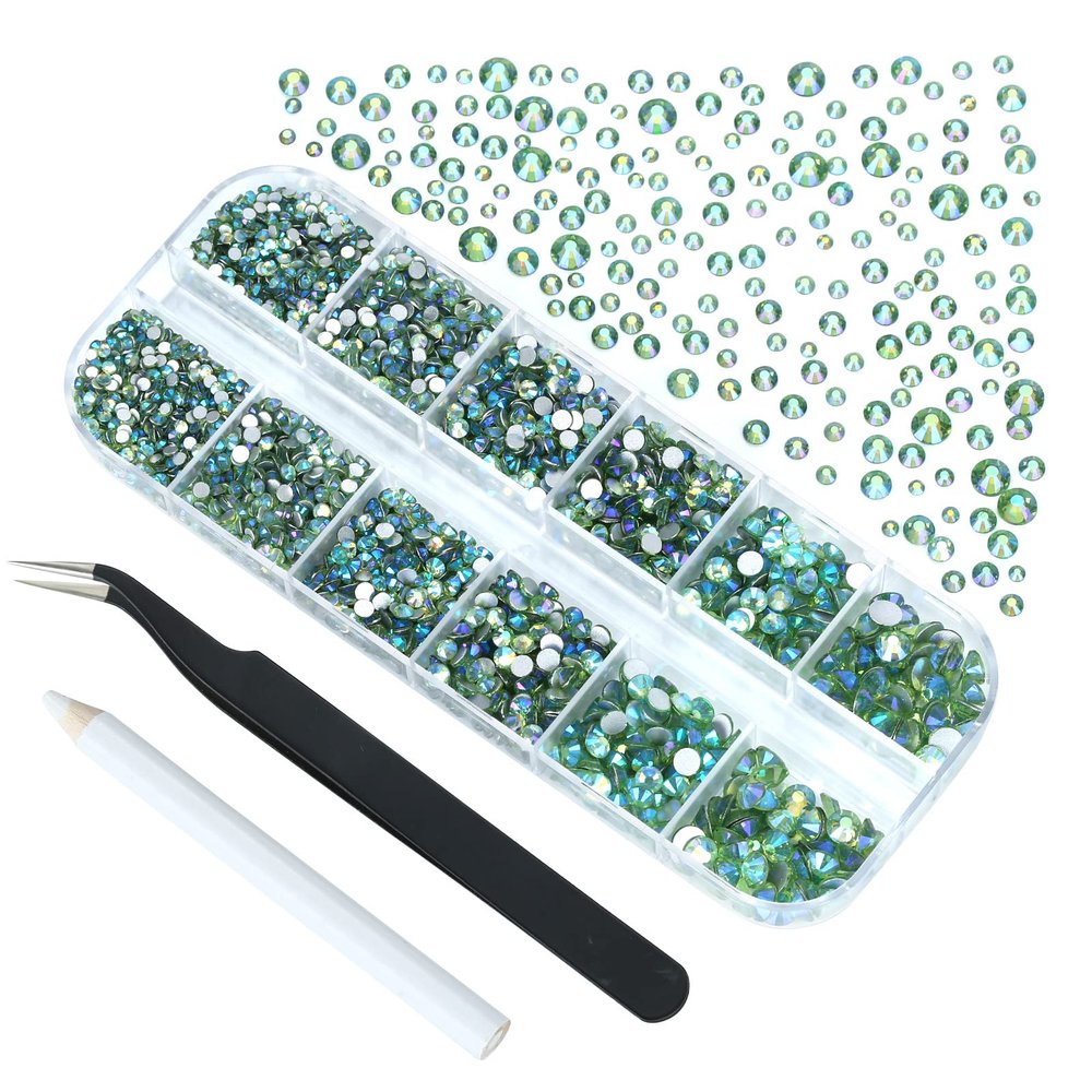 4240Pcs Light Green AB Flatback Rhinestones 6 Sizes Crystal Diamonds for Nail Art Crafts Clothes Shoes with Tweezers and Picking Pen