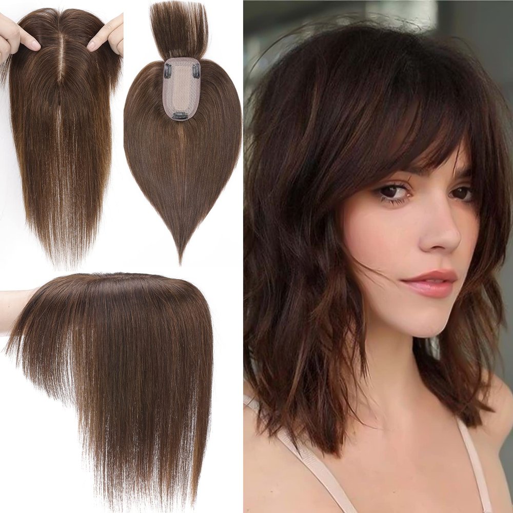 MY-LADY 150% Density Human Hair Toppers With Bangs For Women 12 Inch Medium Brown Silk Base Clip in Toppers Top Hair Pieces for Thinning Hair Hair Loss