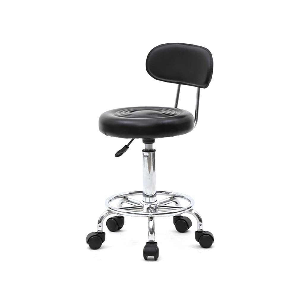 9zH&K PU Leather Black Round Rolling Stool with Foot Rest and Back Rest, 18.9-22.83 Height Adjustable Swivel Spa Drafting Salon Tattoo Work Massage Stools Task Chair Pedicure Stool with 5 Wheels