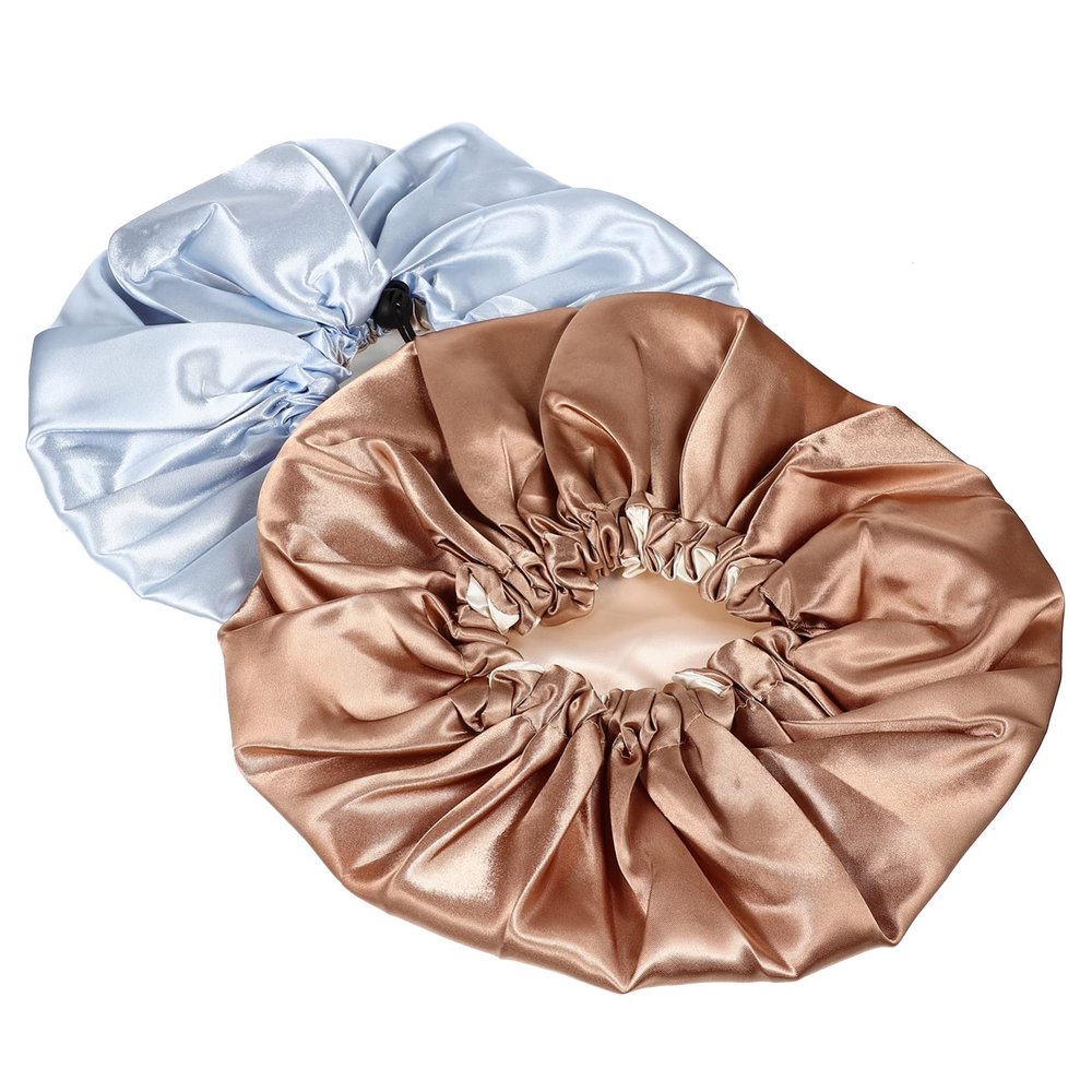SHERCHPRY 2pcs Satin Sleeping Bonnet for Women Elastic Turban Hair Cap Dual Colors for Curly Hair Care and Travel