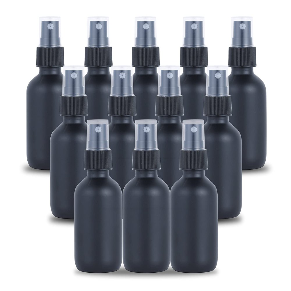 YONKAN 2oz Glass Spray Bottle, Fine Mist Boston Glass Bottles with Black Fine Mist Sprayer Small Clear Bottles for Essential Oils, Bath, Beauty, Hair & Cleaning, Black, Pack of 12