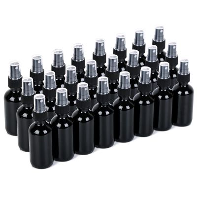 YONKAN 2oz Glass Spray Bottle, Fine Mist Boston Glass Bottles with Black Fine Mist Sprayer Small Clear Bottles for Essential Oils, Bath, Beauty, Hair & Cleaning, UV Black, Pack of 24