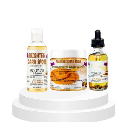 3-piece Set Kojic Turmeric Sugar scrub Face&Body Oil with Yoni Oil for Stretch marks Ph Balance Odor, Fade Scars Sun Damage; Bikini area, Armpits (3-piece Dark Spot Oil, Sugar Scrub and Yoni Oil-)
