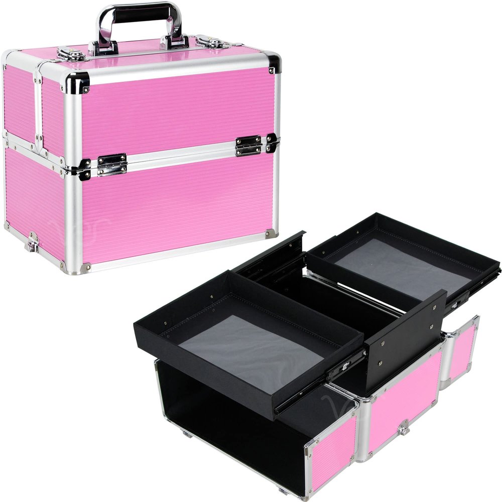 Professional Aluminum Makeup Train Case  Lockable Cosmetic Organizer with 2 Extendable Trays & Deep Bottom Storage. Portable Hard Shell Travel Storage for Nail Art & Jewelry. Ribbed Pink