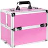 Professional Aluminum Makeup Train Case  Lockable Cosmetic Organizer with 2 Extendable Trays & Deep Bottom Storage. Portable Hard Shell Travel Storage for Nail Art & Jewelry. Ribbed Pink view 3