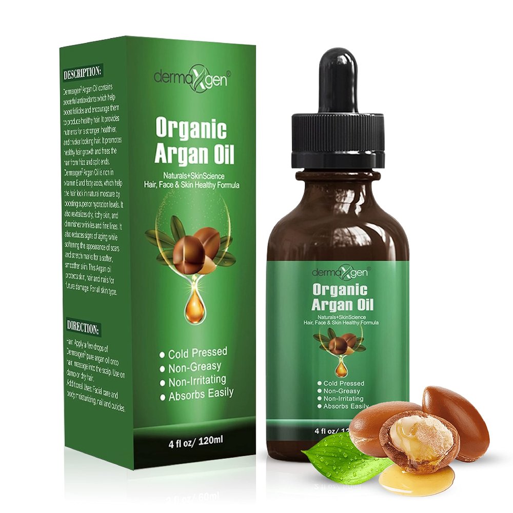 DERMAXGEN Argan Oil -100% Organic & Cold Pressed Moroccan Oil - Anti-Aging Moisturizing Treatment for Face, Hair, Skin & Nails, Acne Scars, Anti-Wrinkle. (4 FL OZ)