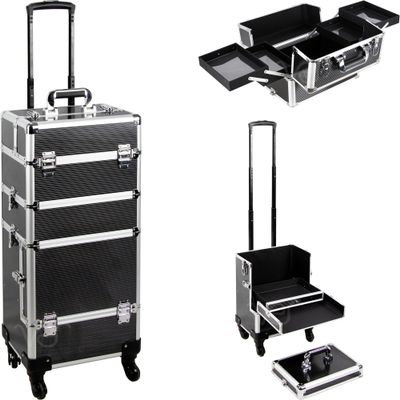 Ver Beauty 7 in 1 Professional Aluminum Interchangeable Rolling Makeup Train Case with Extra Lid, Black