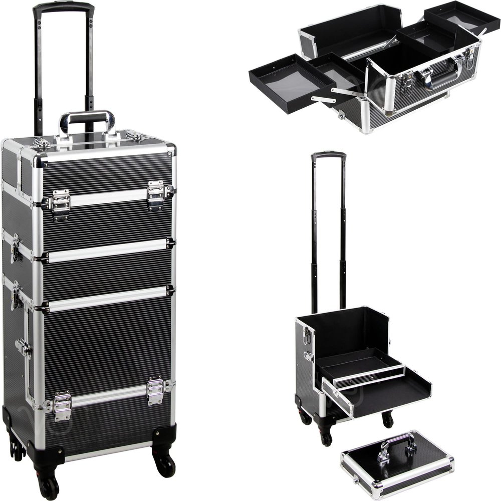 Ver Beauty 7 in 1 Professional Aluminum Interchangeable Rolling Makeup Train Case with Extra Lid, Black