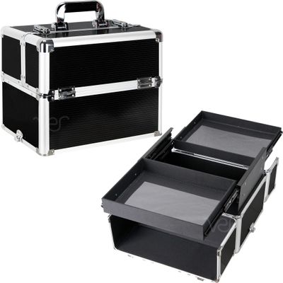 Professional Aluminum Makeup Train Case Lockable Cosmetic Organizer with 2 Extendable Trays & Deep Bottom Storage. Portable Hard Shell Travel Storage for Nail Art & Jewelry. Ribbed Black