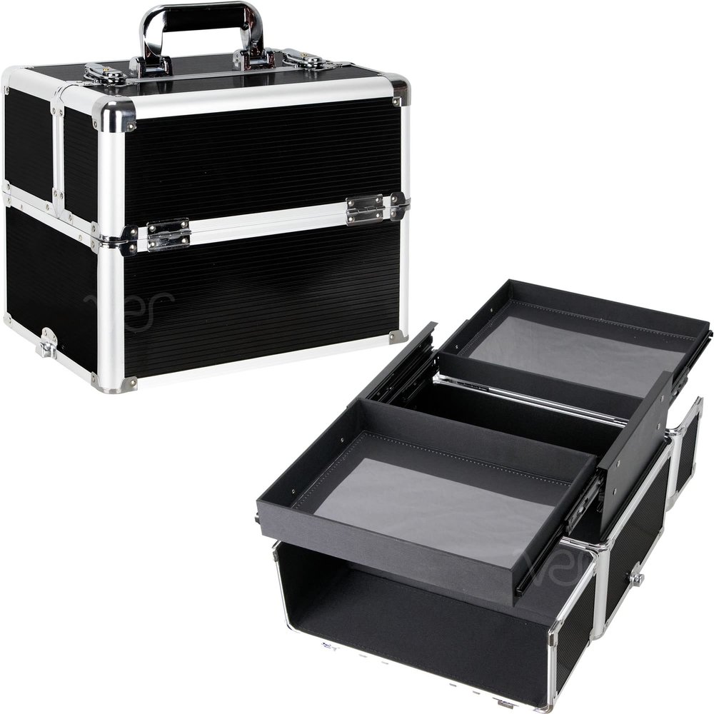 Professional Aluminum Makeup Train Case Lockable Cosmetic Organizer with 2 Extendable Trays & Deep Bottom Storage. Portable Hard Shell Travel Storage for Nail Art & Jewelry. Ribbed Black