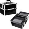 Professional Aluminum Makeup Train Case  Lockable Cosmetic Organizer with 2 Extendable Trays & Deep Bottom Storage. Portable Hard Shell Travel Storage for Nail Art & Jewelry. Ribbed Black view 1