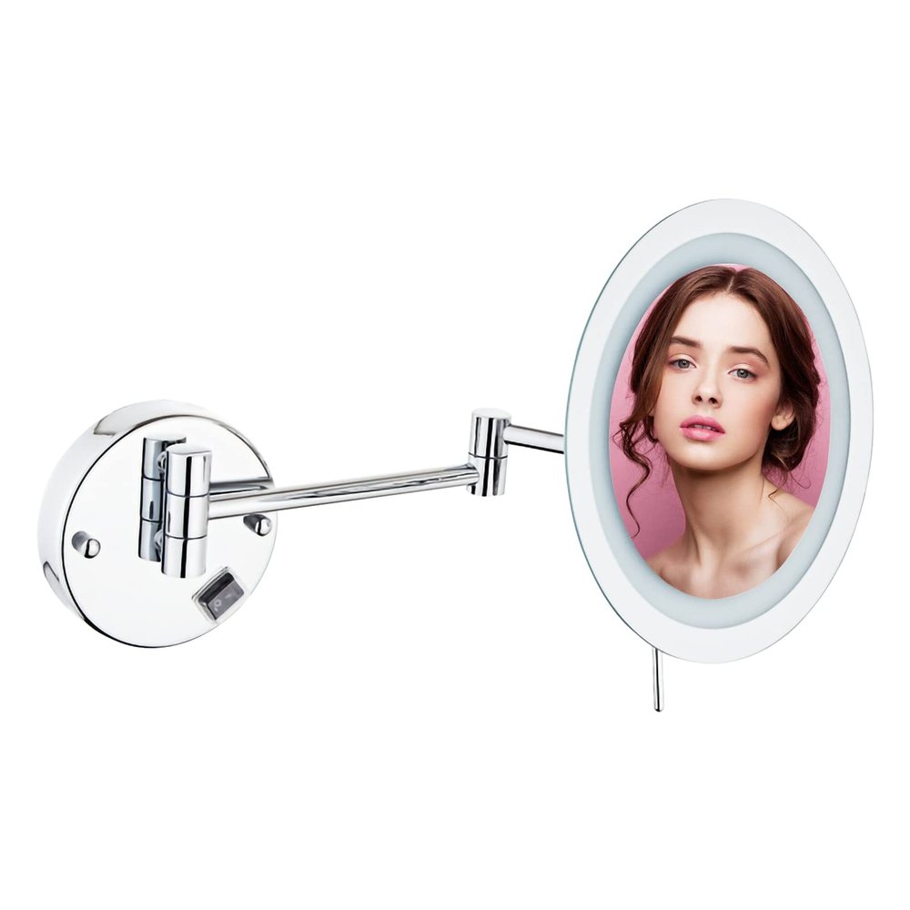 HUHJYUGE Wall Mounted Makeup Mirror 3X Magnification with Light, 9 Inch Round Single Side Vanity Mirror, Retractable Rotation Cosmetic Mirror for Bathroom, Shaving Mirror (Charging 3X)