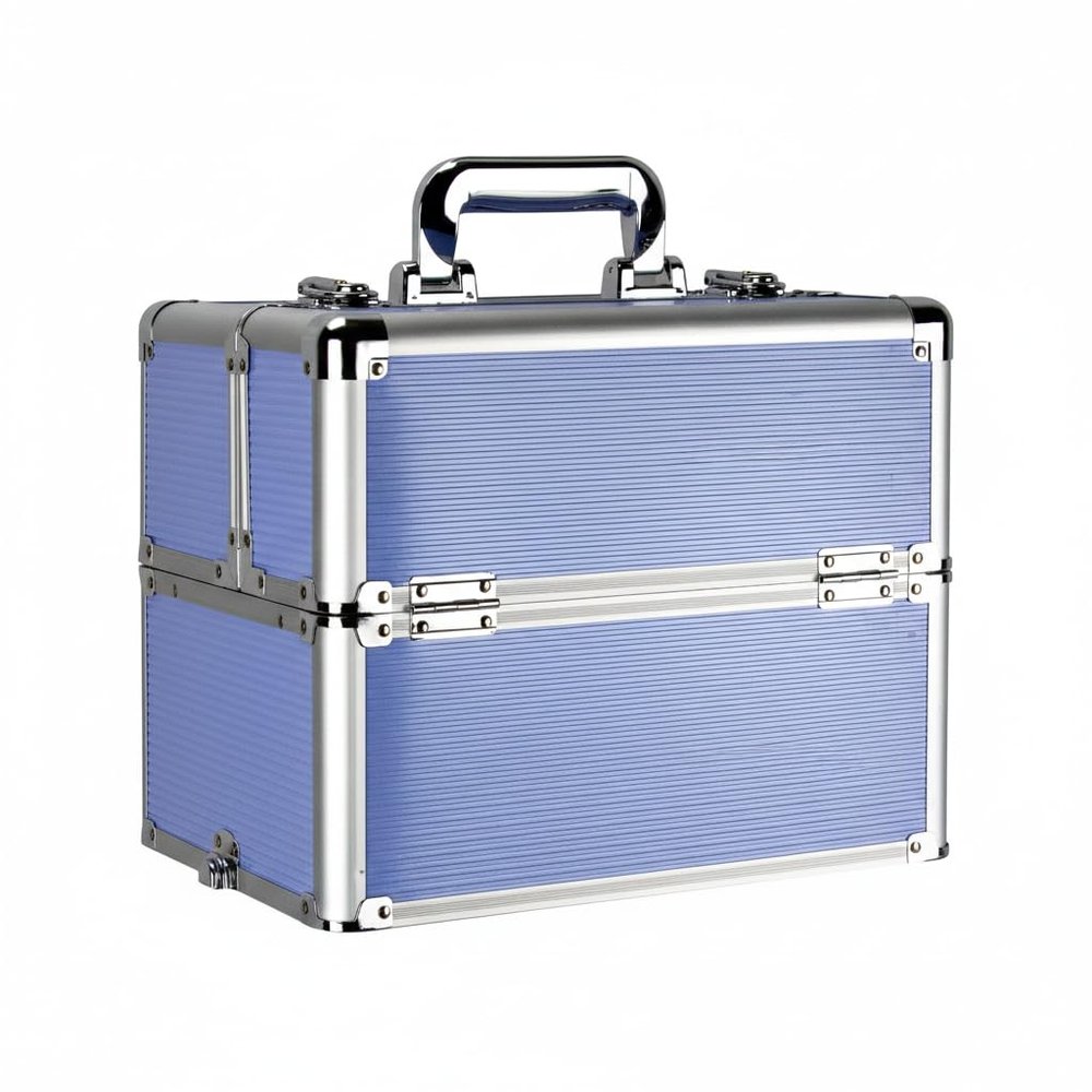 Professional Aluminum Makeup Train Case  Lockable Cosmetic Organizer with 2 Extendable Trays & Deep Bottom Storage. Portable Hard Shell Travel Storage for Nail Art & Jewelry. Ribbed Lavender Purple