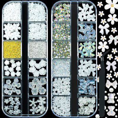 qiipii 2400pcs 3D Nail Art Kit Flower Nail Charms Resin Butterfly Bear Bow Charms White/Aurora Rose Golden Silver Metal Caviar Beads Half Pearls Rhinestones for Acrylic Nails Face Eyes Makeup Crafts