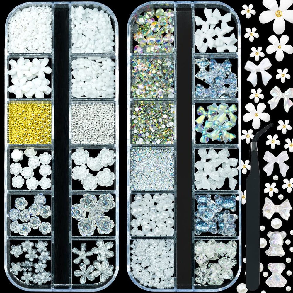 qiipii 2400pcs 3D Nail Art Kit Flower Nail Charms Resin Butterfly Bear Bow Charms White/Aurora Rose Golden Silver Metal Caviar Beads Half Pearls Rhinestones for Acrylic Nails Face Eyes Makeup Crafts