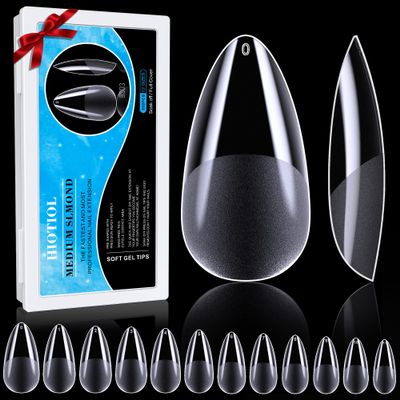 HIOTIOL Medium Almond Nail Tips, 552Pcs Soft Gel Full Cover Nail Tips for Soak off Nail Extensions, Half Matte Clear False Gel Nails for Salons and DIY Nail Art, 12 Sizes