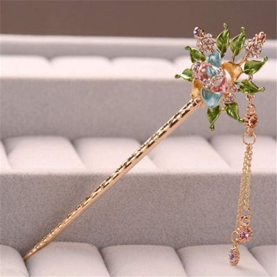 Hairpin Hair Clips,Hair Chopsticks for Women Hairpin Pick Fork Antique Chinese Chopstick pin,1pcs Handmade Enamel Rose Flowers Rhinestone Crystal Hair Sticks Pin Girls Chinese Style Hair Jewelry