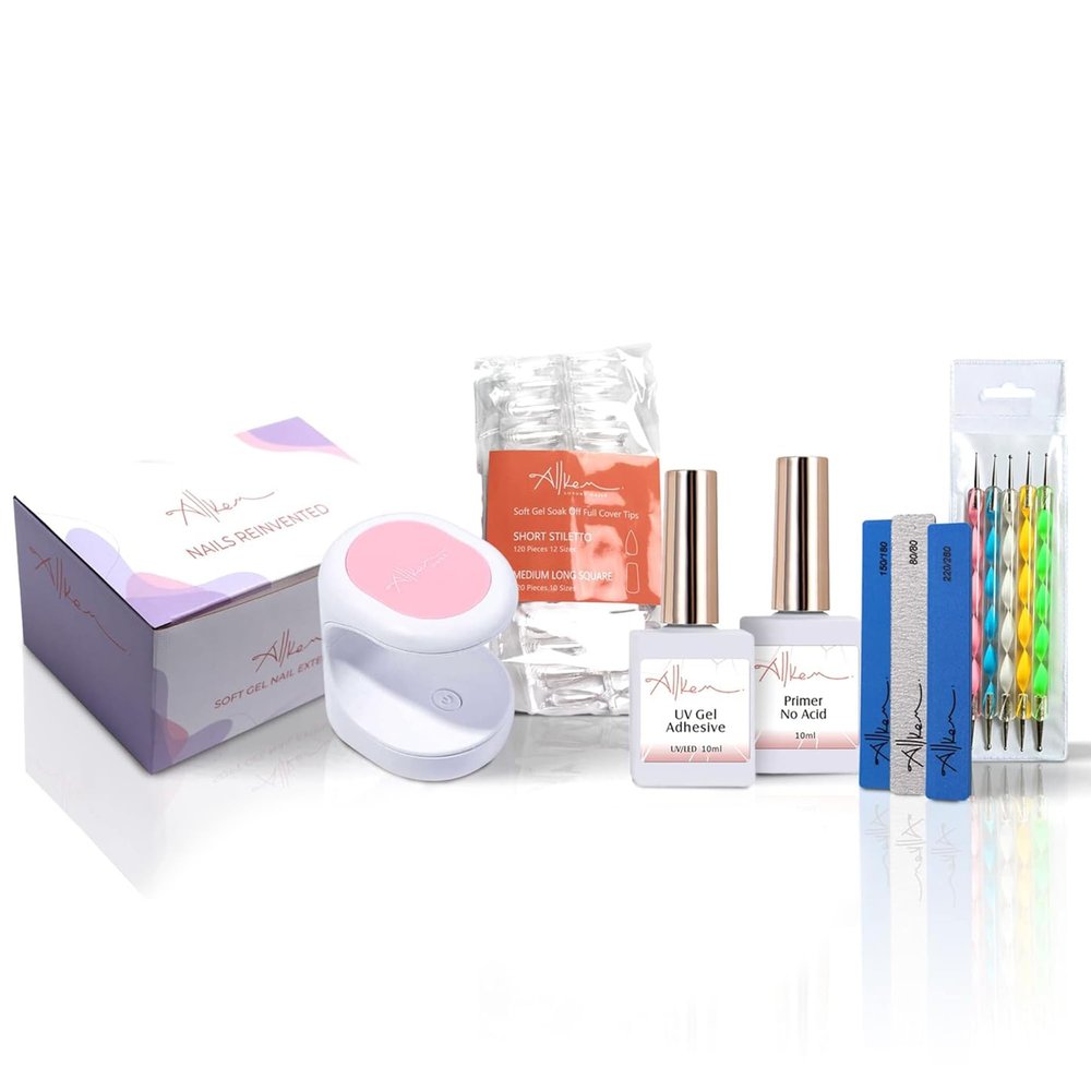 Allkem Soft Gel Full Cover Nail Tips and UV Glue Gel with Portable UV Light | 240 Pcs Short Stiletto & Medium Square Shape Soft Gel Nail Extension Set