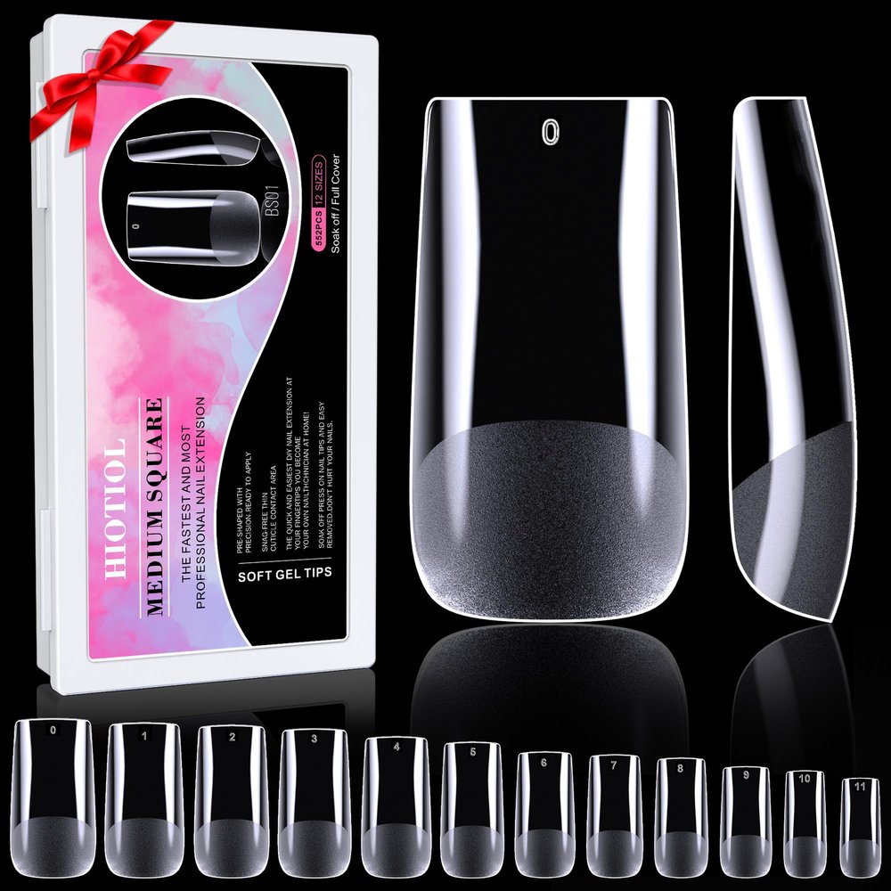 HIOTIOL Medium Square Nail Tips, 552pcs Gel Nail Tips Clear Press on Nails Pre-shape for Full Cover Square Nails French False Nails For Nail Extension Nail Art Home DIY 12 Sizes