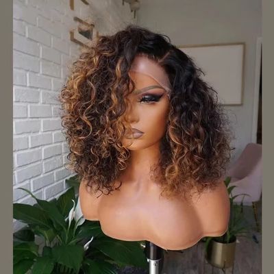 1B27/30 Color Short Bob Loose Curly Human Hair Wig 13X6 HD Transparent Lace Wig Highlight 180% Density Brazilian Human Hair Wigs for Black Women Natural Hairline Wig 10Inch