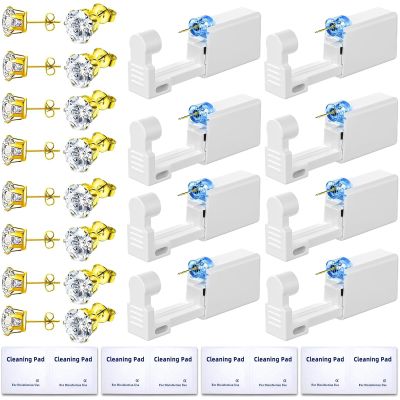 24 Pcs Ear Piercing Kit Disposable Ear Piercing Gun Kit with 8 Pcs Gold-Plated CZ Earrings Stud 8 Pcs Self Piercing Gun and 8 Pcs Cleaning Pads