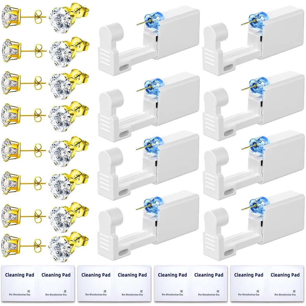 24 Pcs Ear Piercing Kit Disposable Ear Piercing Gun Kit with 8 Pcs Gold-Plated CZ Earrings Stud 8 Pcs Self Piercing Gun and 8 Pcs Cleaning Pads