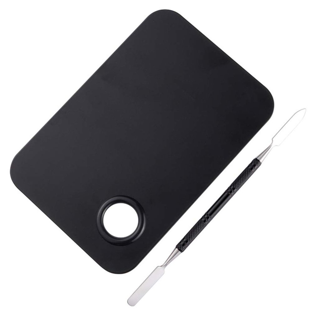 LALAFINA 2Pcs Stainless Steel Cosmetic Makeup Palette with Double- ended Spatula Artist Tool for Nail Art Blending Foundation Makeup (Black, Large)