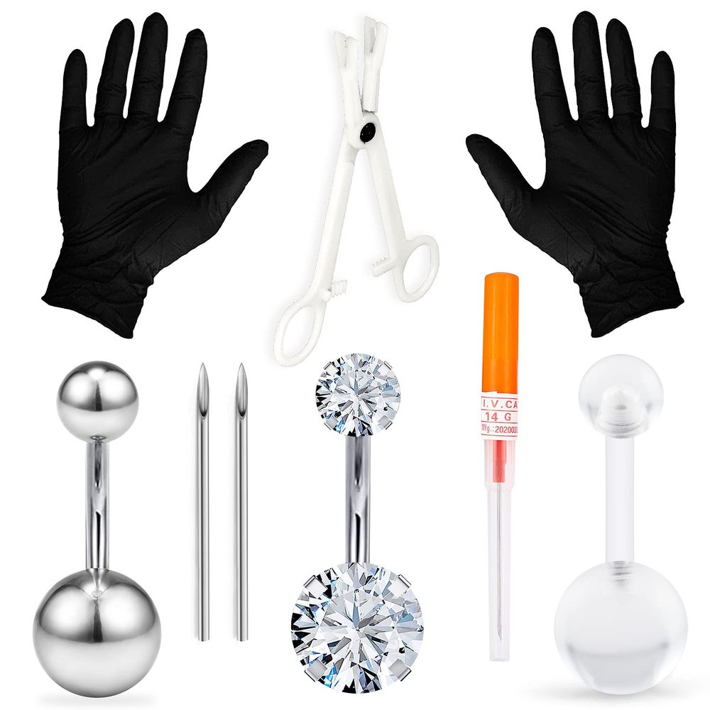 Goerhsjie Belly Button Navel Piercing Kit for Women Men 14G 14 Gauge Surgical Stainless Steel Bellybuttons Ring Percinging Kits Set