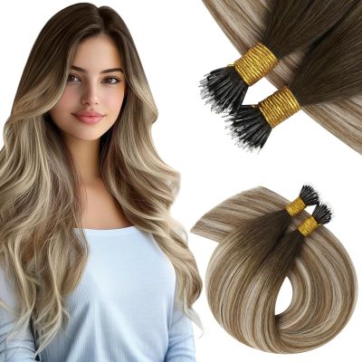 Vivien Balayage Nano Bead Hair Extensions Human Hair Ombre Brown to Ash Brown Mix Platinum Blonde Nano Human Hair Extensions 18 Inch Invisible Nano Tip Hair Extensions Real Human Hair Natural 50g/50s