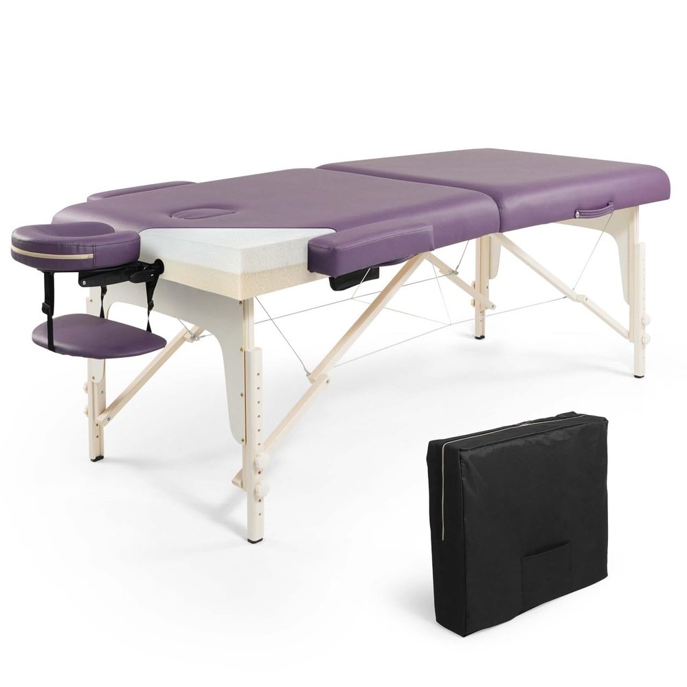 CAPHAUS Premium Memory Foam Massage Table, 84 Inch Foldable & Portable, Height Adjustable Spa Bed, Facial Cradle Salon Bed, Wooden Legs & Carry Case, 32 Inch Wide, Purple