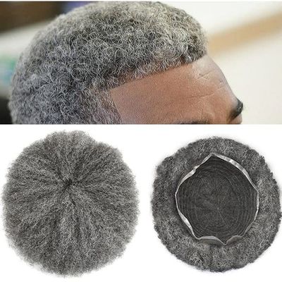 Afro Curl Toupee for Black Men Full French Lace Mens Toupee Kinky Curly Human Hair Units Bleached Knot Natural Hairline Hair Pieces for Black Men8x101B40# OFF BLACK+40% Gray-6mm wave