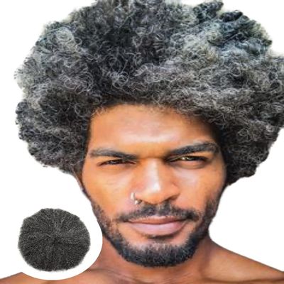 Afro Curl Toupee for Black Men Full French Lace Mens Toupee Kinky Curly Human Hair Units Bleached Knot Natural Hairline Hair Pieces for Black Men8x101B10# OFF BLACK+10% Gray-6mm wave