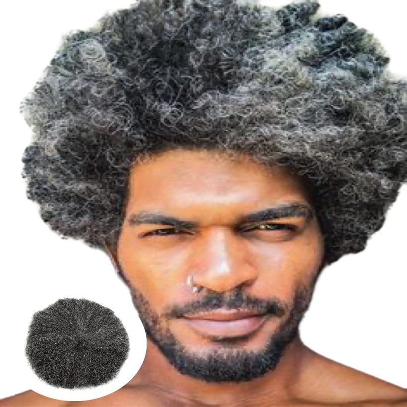 Afro Curl Toupee for Black Men Full French Lace Mens Toupee Kinky Curly Human Hair Units Bleached Knot Natural Hairline Hair Pieces for Black Men8x101B10# OFF BLACK+10% Gray-6mm wave