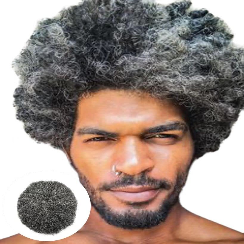 Afro Curl Toupee for Black Men Full French Lace Mens Toupee Kinky Curly Human Hair Units Bleached Knot Natural Hairline Hair Pieces for Black Men8x101B30# OFF BLACK+30% Gray-6mm wave
