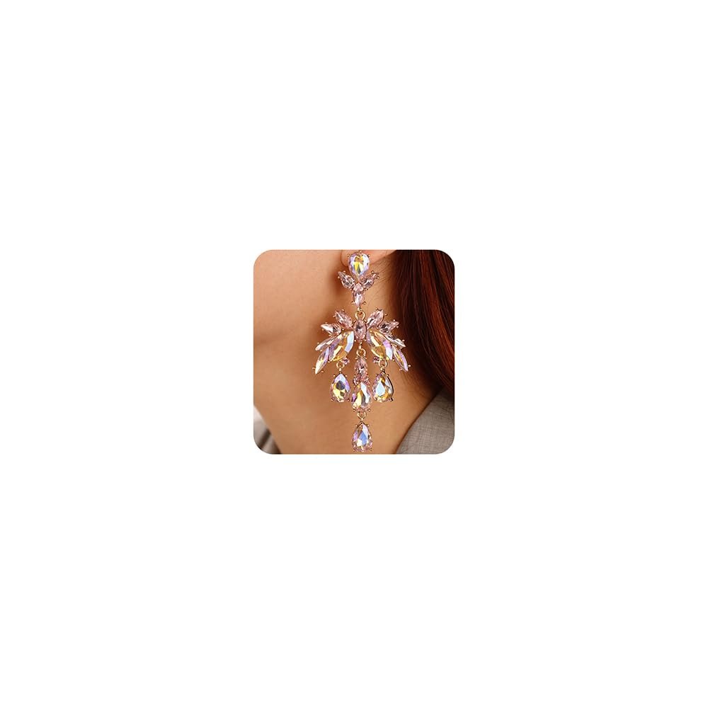 Xerling Pink Rhinestones Chandelier Tassel Drop Earrings for Women Iridescent Statement Teardrop Crystal Stud Earrings for Wedding Bling Bridal Earrings Dangling (Pink)