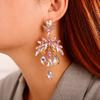 Xerling Pink Rhinestones Chandelier Tassel Drop Earrings for Women Iridescent Statement Teardrop Crystal Stud Earrings for Wedding Bling Bridal Earrings Dangling (Pink) view 3