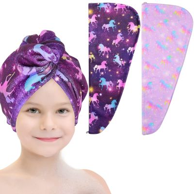 Basumee Microfiber Hair Towel Wrap for Kids 2 Pack Rapid Drying Hair Towel with Button Hair Turbans for Wet Hair Wraps Head Towel Wrap for Women and Girls, Dark Unicorn