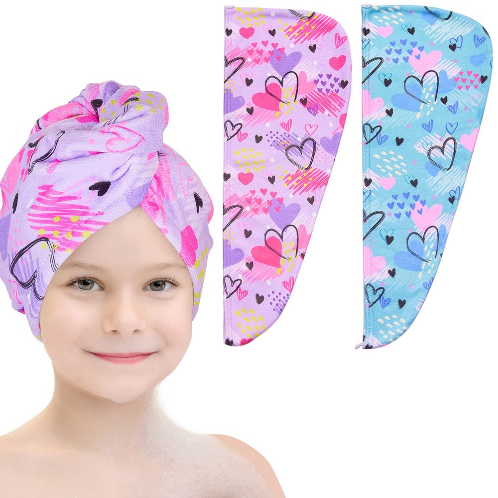 Basumee Microfiber Hair Towel Wrap for Kids 2 Pack Rapid Drying Hair Towel with Button Hair Turbans for Wet Hair Wraps Head Towel Wrap for Women and Girls, Blue and Purple Love
