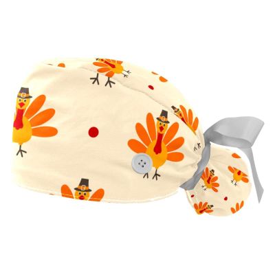2 Pcs Nurse Scrub Caps Women Long Hair, Turkey Bird Happy Thanksgiving Adjustable Working Cap with Button and Sweatband