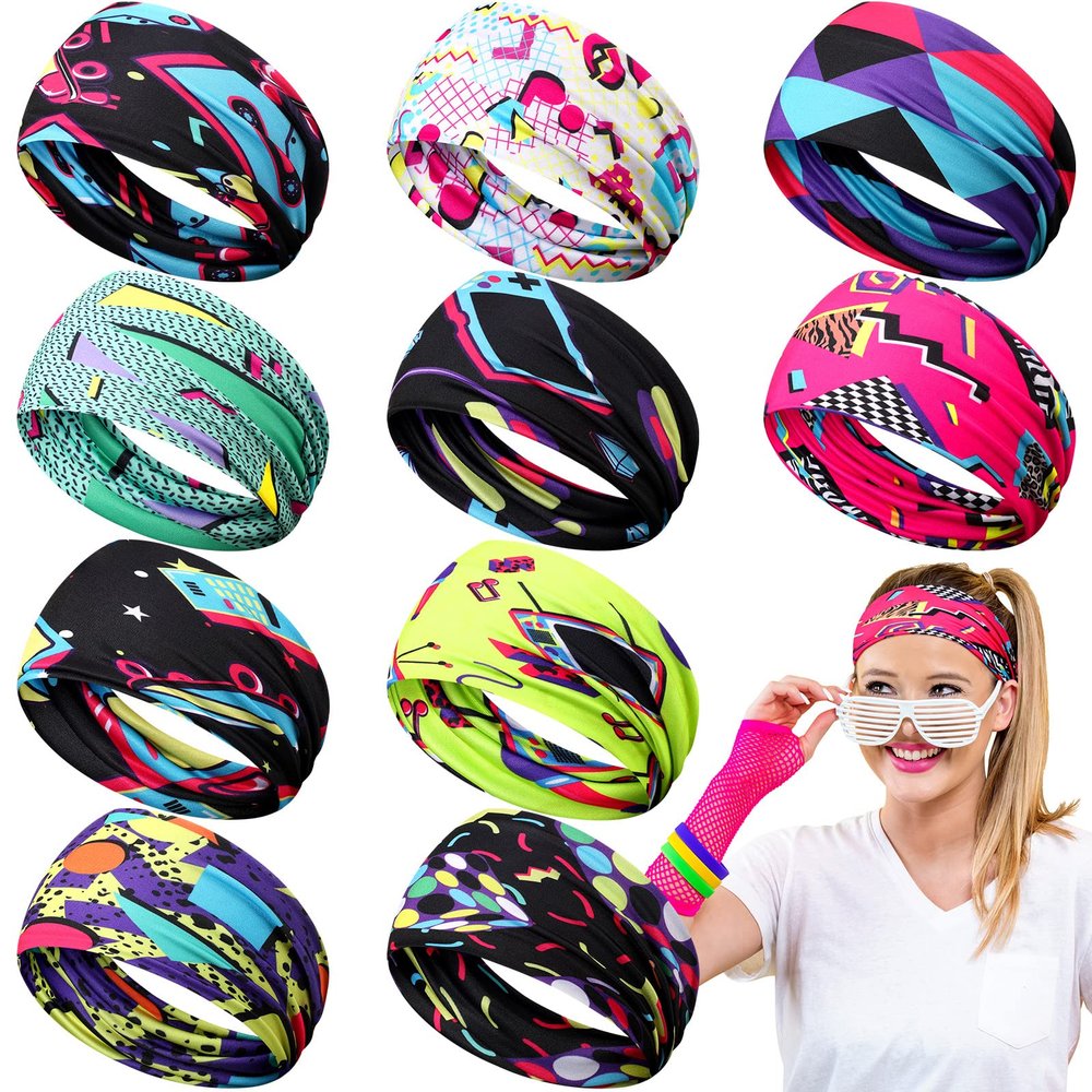 10 Pcs 80s 90s Headbands Accessories for Women Men Neon Retro Workout Headbands Sweatbands Bulk Sport Costumes for Glow Party Cycling Yoga Sports