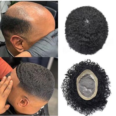 Afro kinky Curly Toupee for Black Men Hair Units Durable Fino Mono African American Afro Toupee Brazilian Human Hair Pieces Man Weave Hair Unit for Black Men 7x10-8mm 1# JET BLACK-100% Density