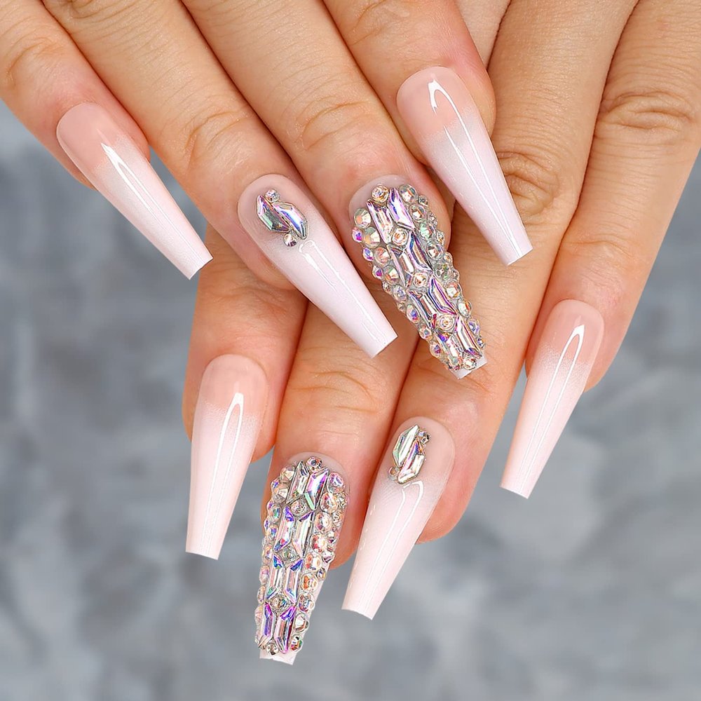 Artquee 24pcs Luxury 3D Press on Nails Long Ballerina Acrylic Fake Nail Art Glossy Coffin False Tips Manicure Stick for Women Decoration (French White Ombre -2)