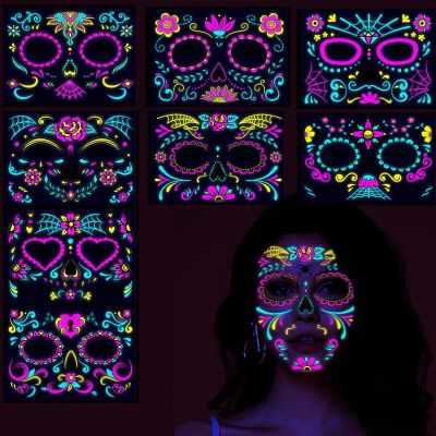 HTLNUZD Halloween 8 Sheets Luminous Temporary Tattoos Face Stickers, Make up Glow in Dark Sugar Skull, Floral Black Skeleton Red Roses Face Stickers Adults Kids Party Ball Makeup Sticker Flash Tattoo