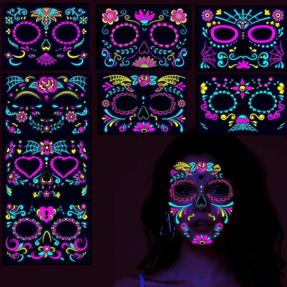 HTLNUZD Halloween 8 Sheets Luminous Temporary Tattoos Face Stickers, Make up Glow in Dark Sugar Skull, Floral Black Skeleton Red Roses Face Stickers Adults Kids Party Ball Makeup Sticker Flash Tattoo