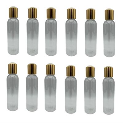 Natural Farms 4 oz Clear Cosmo Plastic Bottles -12 Pack Empty Bottle Refillable - BPA Free - Essential Oils - Aromatherapy | Gold Disc Caps - Made in the USA