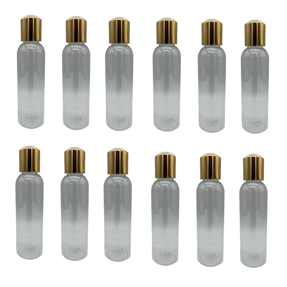Natural Farms 4 oz Clear Cosmo Plastic Bottles -12 Pack Empty Bottle Refillable - BPA Free - Essential Oils - Aromatherapy | Gold Disc Caps - Made in the USA