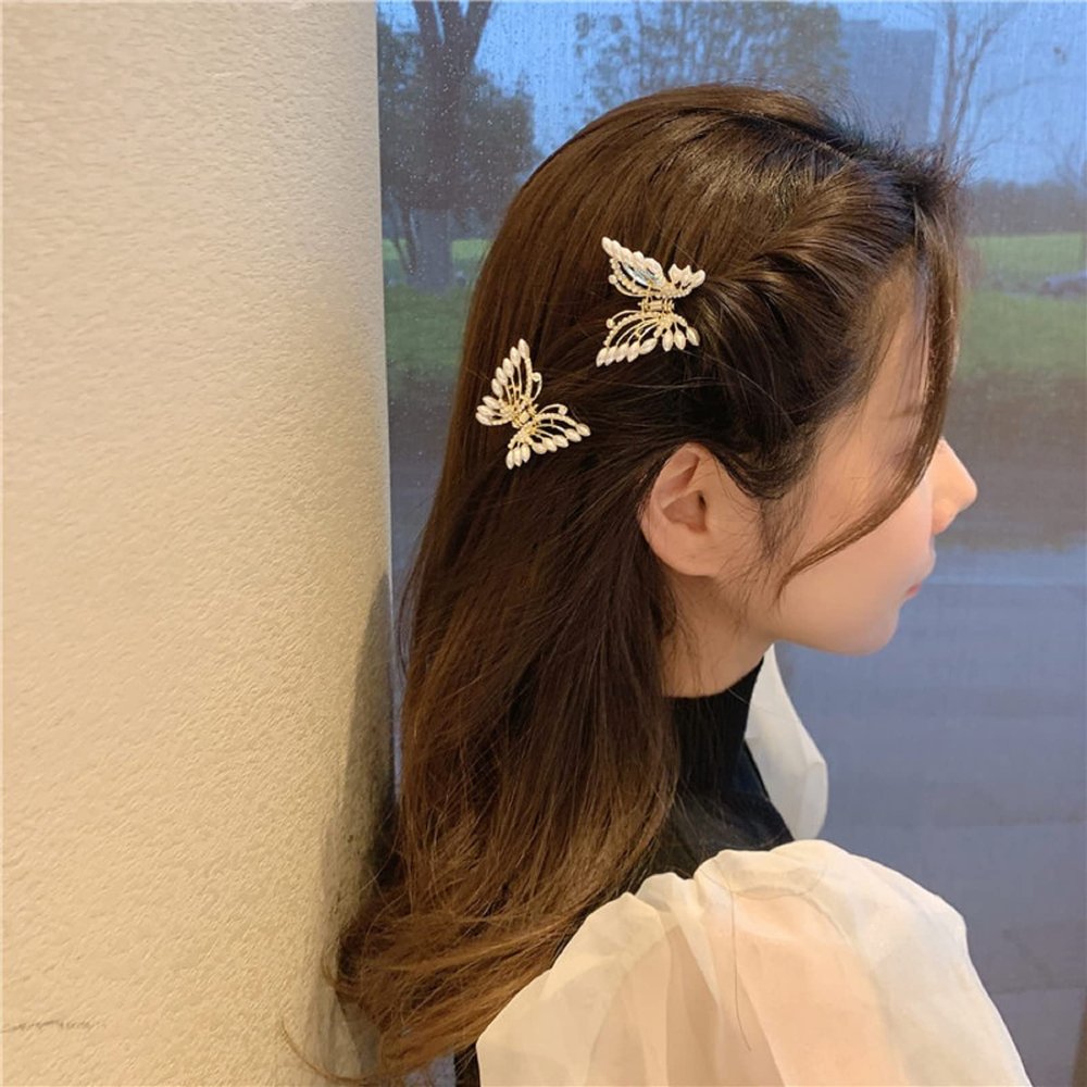 2Pcs Korean Butterfly Pearl Hair Clip, Refreshing Hair Clip Hair Pearl Bangs Hair Accessories (Golden Pearl)