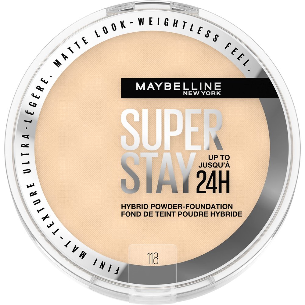 Maybelline Super Stay Up to 24HR Hybrid Powder-Foundation, Medium-to-Full Coverage Makeup, Matte Finish, 118, 1 Count