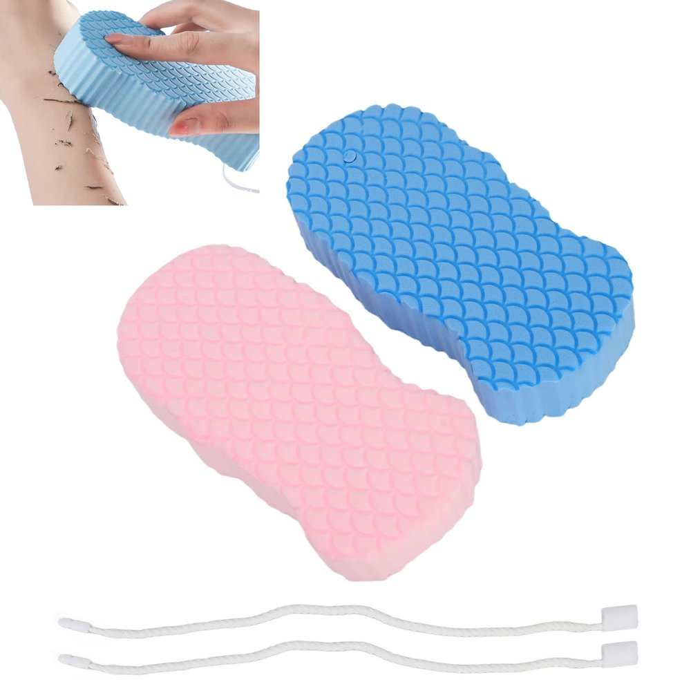 2PCS Exfoliating Bath Sponge, Fish Scale Pattern Shower Sponge 3D Super Soft Comfortable Body Exfoliator Sponge with Lanyard for Adults Kids